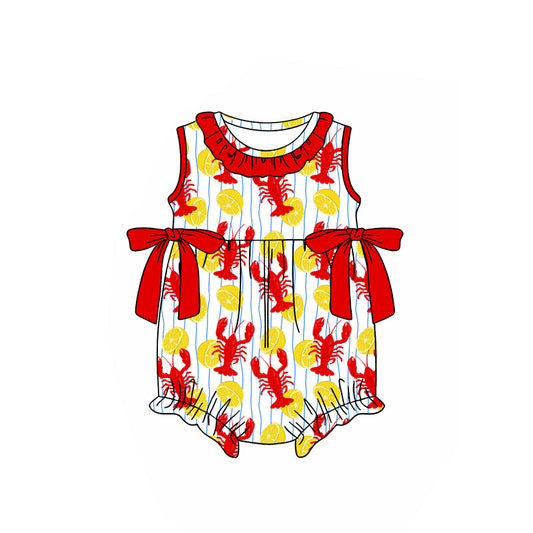 ( Moq 5 ) Preorder Baby Girls Kids Sleeveless Crawfish Lemons Red Bows Bubble Romper