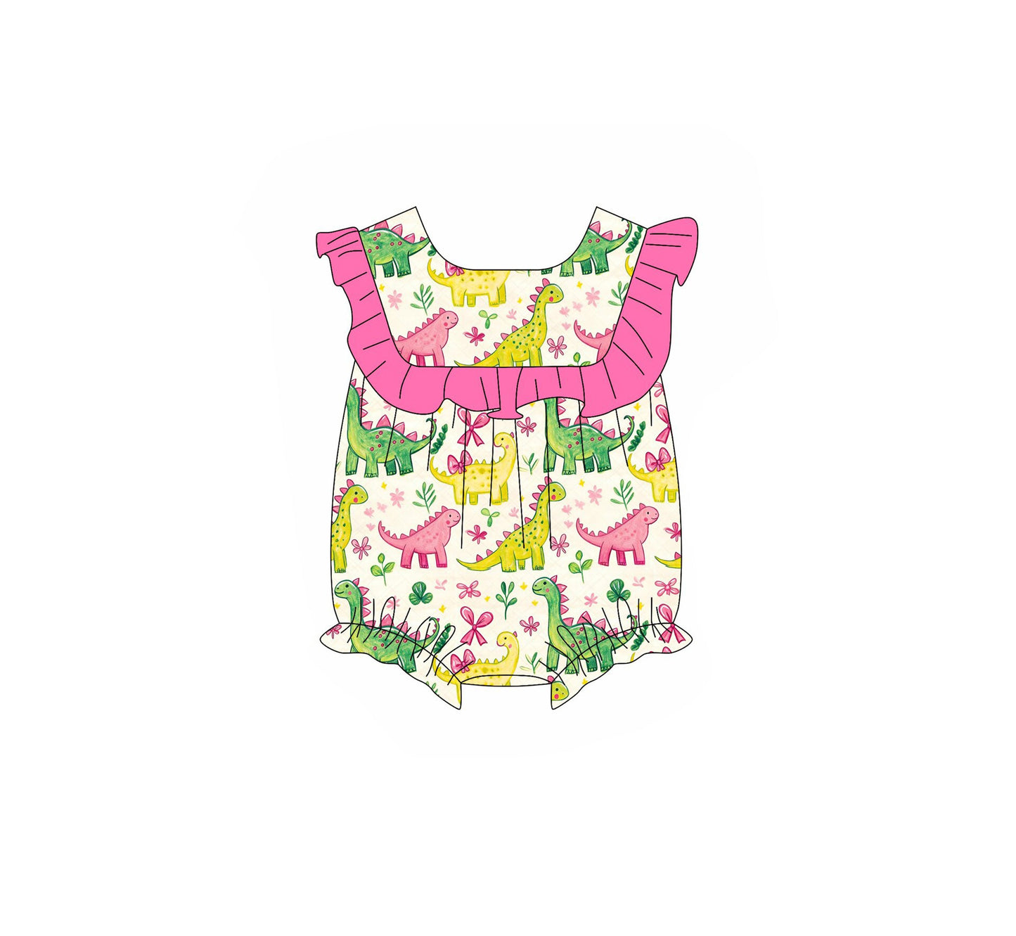 ( Moq 5 ) Preorder Baby Girls Kids Short Sleeves Dinosaurs Flower Bows Ruffle Bubble Romper