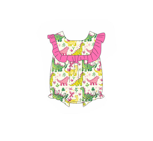 ( Moq 5 ) Preorder Baby Girls Kids Short Sleeves Dinosaurs Flower Bows Ruffle Bubble Romper