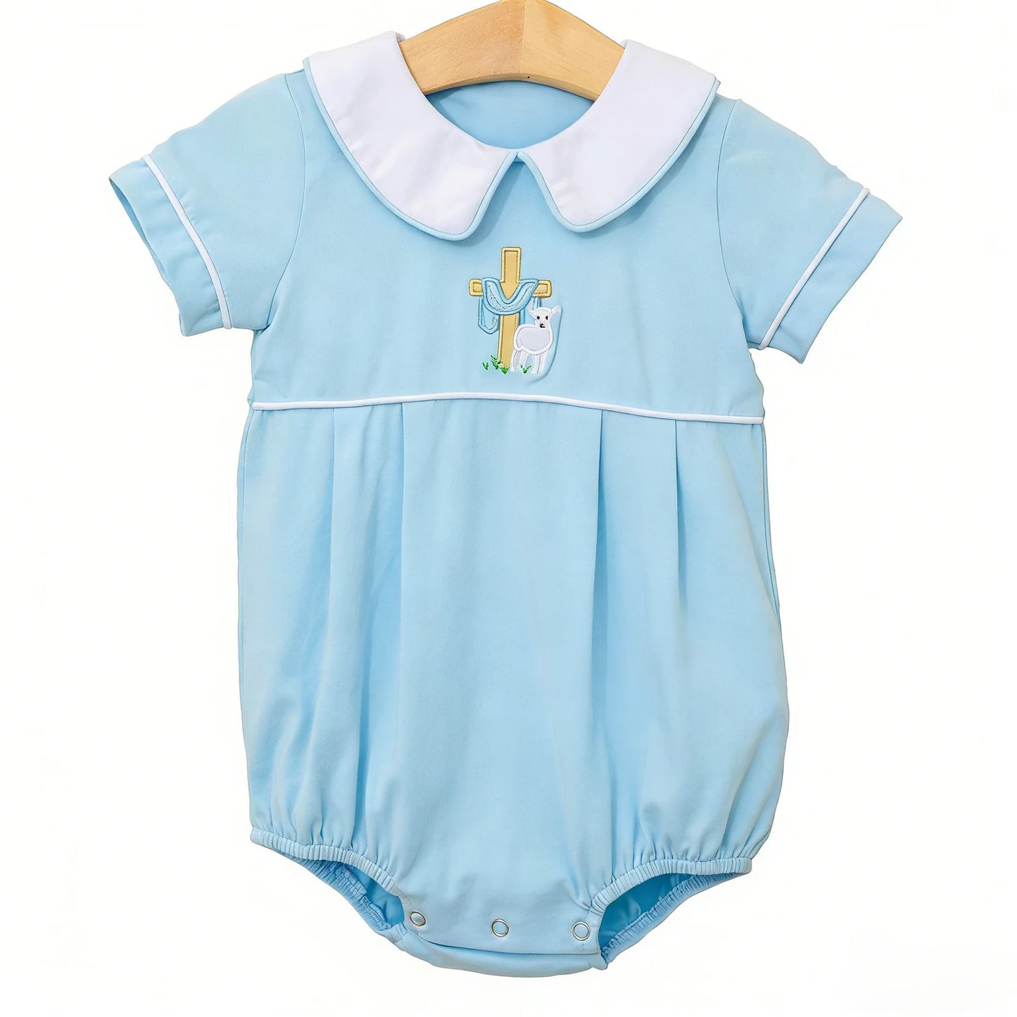 ( Moq 5 ) Preorder Baby Boys Kids Short Sleeves Cross Easter Blue Bubble Romper