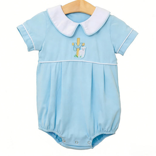 ( Moq 5 ) Preorder Baby Boys Kids Short Sleeves Cross Easter Blue Bubble Romper