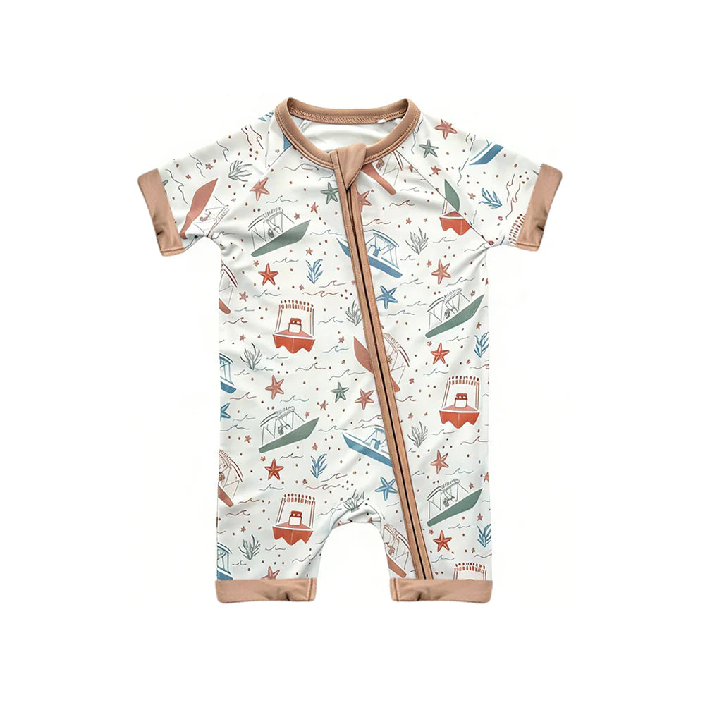 ( Moq 5 ) Preorder Baby Boys Kids Short Sleeves Boats Stars Zipper Romper