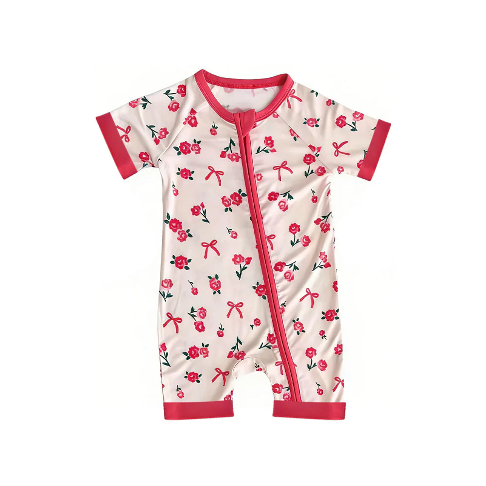 ( Moq 5 ) Preorder Baby Girls Kids Short Sleeves Floral Bows Zipper Romper