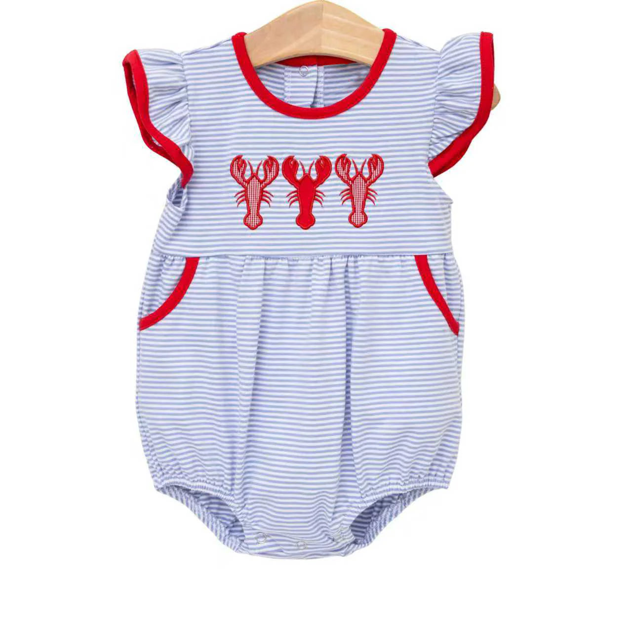 ( Moq 5 ) Preorder Baby Girls Infant Short Sleeves Crayfish Stripes Pockets Bubble Romper