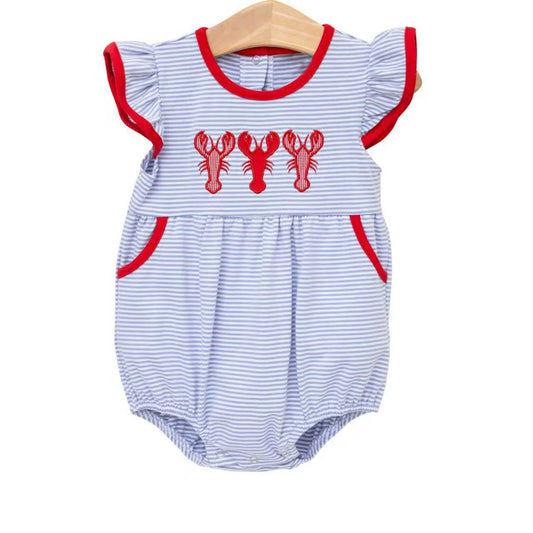 ( Moq 5 ) Preorder Baby Girls Infant Short Sleeves Crayfish Stripes Pockets Bubble Romper