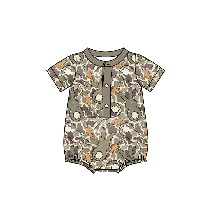 ( Moq 5 ) Preorder Baby Boys Kids Short Sleeves Rabbits Carrots Camo Easter Buttons Bubble Romper