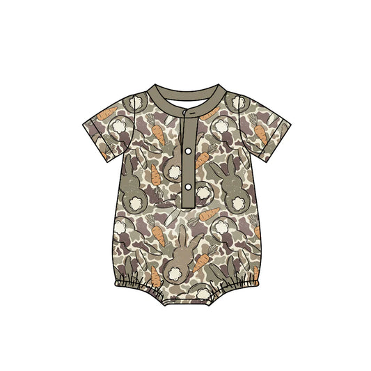 ( Moq 5 ) Preorder Baby Boys Kids Short Sleeves Rabbits Carrots Camo Easter Buttons Bubble Romper