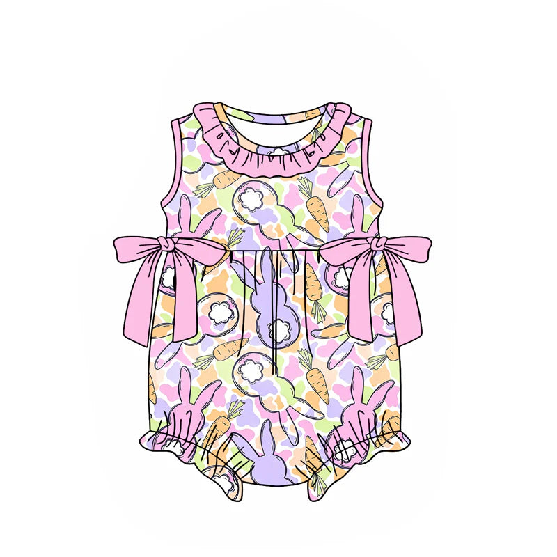 ( Moq 5 ) Preorder Baby Girls Kids Sleeveless Rabbits Carrots Camo Bows Easter Bubble Romper