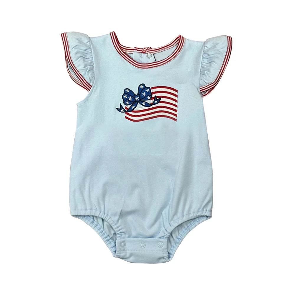 ( Moq 5 ) Preorder Baby Girls Kids Short Sleeves Flag Stars Bow 4th of July Blue Bubble Romper