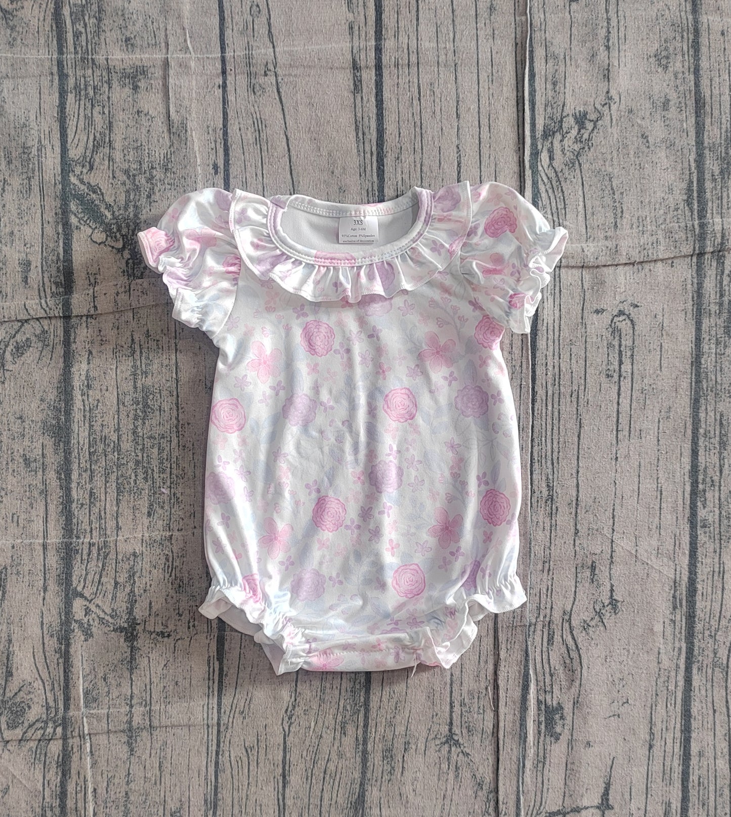 Baby Girls Infant Short Sleeves Purple Pink Flower Ruffle Romper RTS