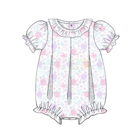 ( Moq 5 ) Preorder Baby Girls Infant Short Sleeves Purple Pink Flower Ruffle Romper