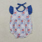 Sibling Baby Girls Kids Bows Flags Tops Blue Shorts Set Romper 4th of July Clothes RTS
