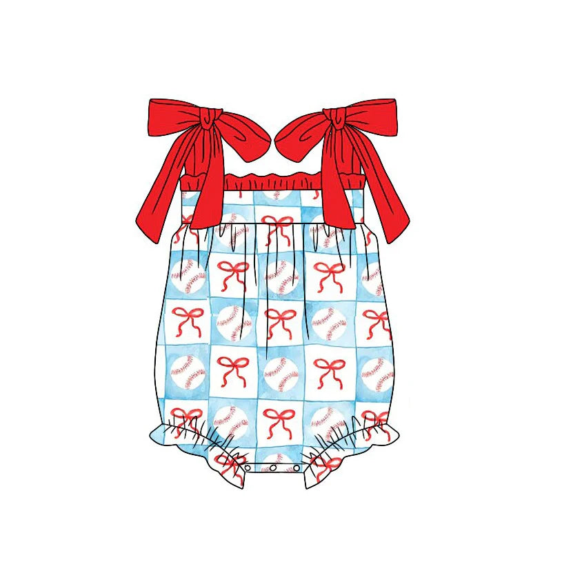 ( Moq 5 ) Preorder Baby Girls Infant Straps Baseball Bows Summer Bubble Romper
