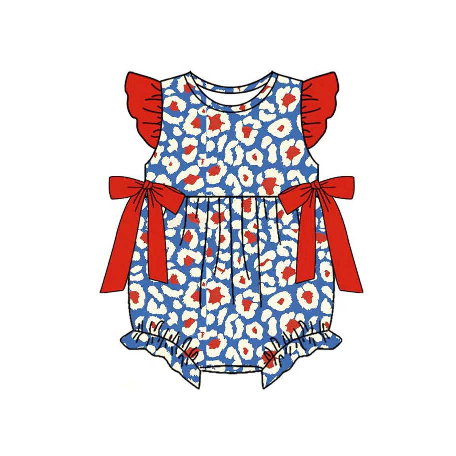 ( Moq 5 ) Preorder Baby Girls Short Sleeves Leopard 4th of July Bubble Summer Romper