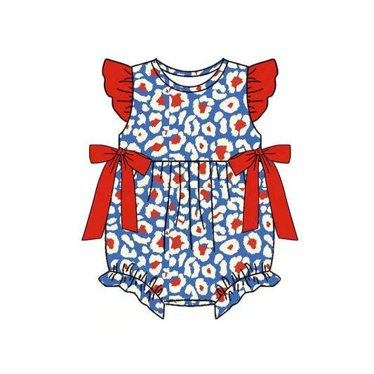 ( Moq 5 ) Preorder Baby Girls Short Sleeves Leopard 4th of July Bubble Summer Romper