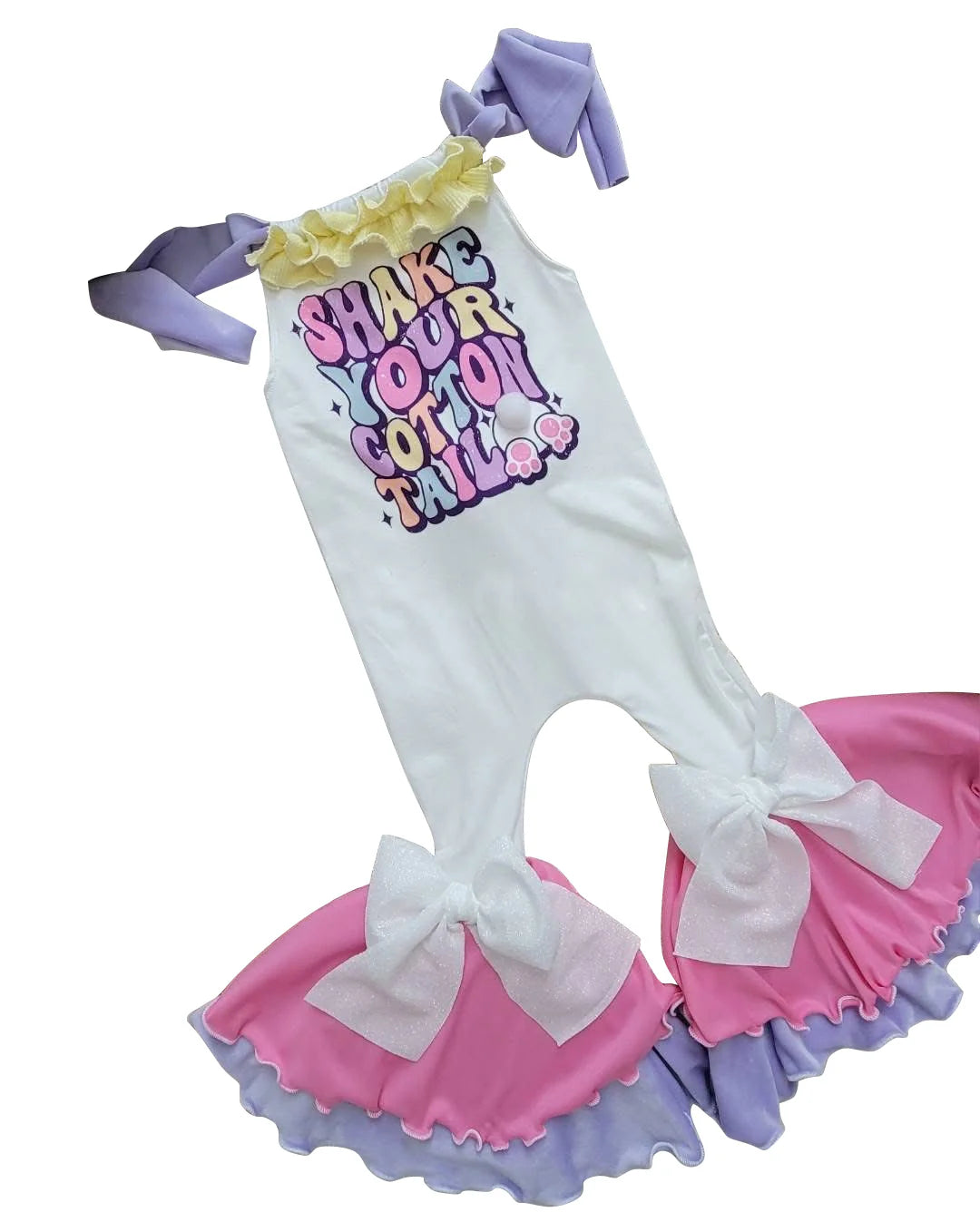 ( Moq 5 ) Preorder Baby Girls Kids Purple Straps Rabbit Bows Easter Ruffle Pants Jumpsuit