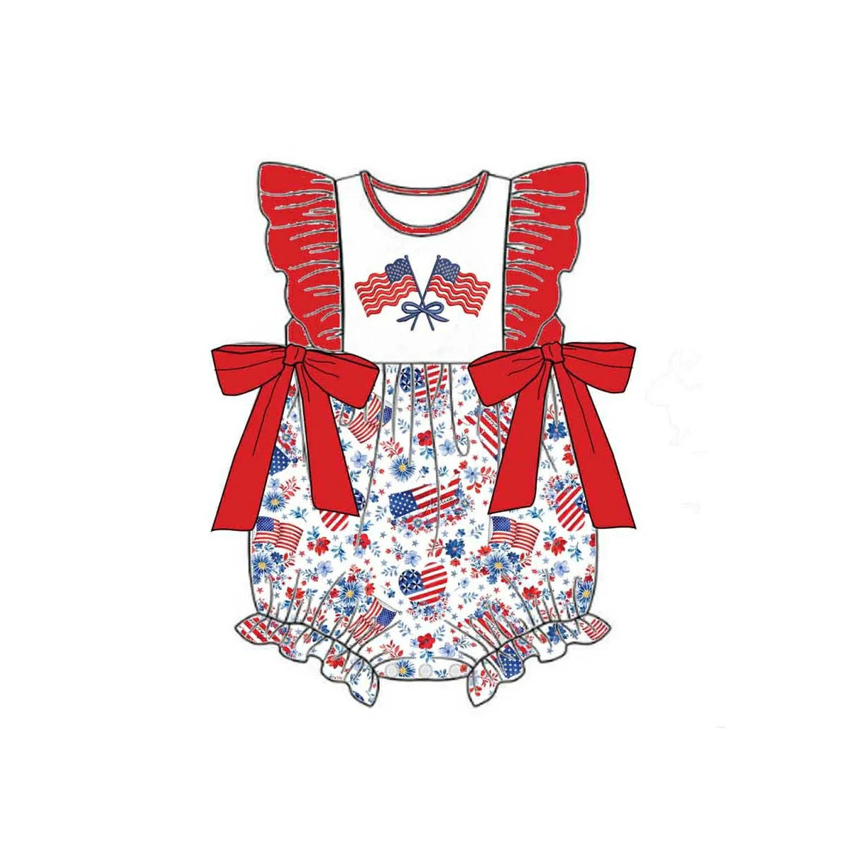 ( Moq 5 ) Preorder ( Moq 5 ) Preorder Baby Girls Kids Flags Hearts Bows Floral 4th of July Romper