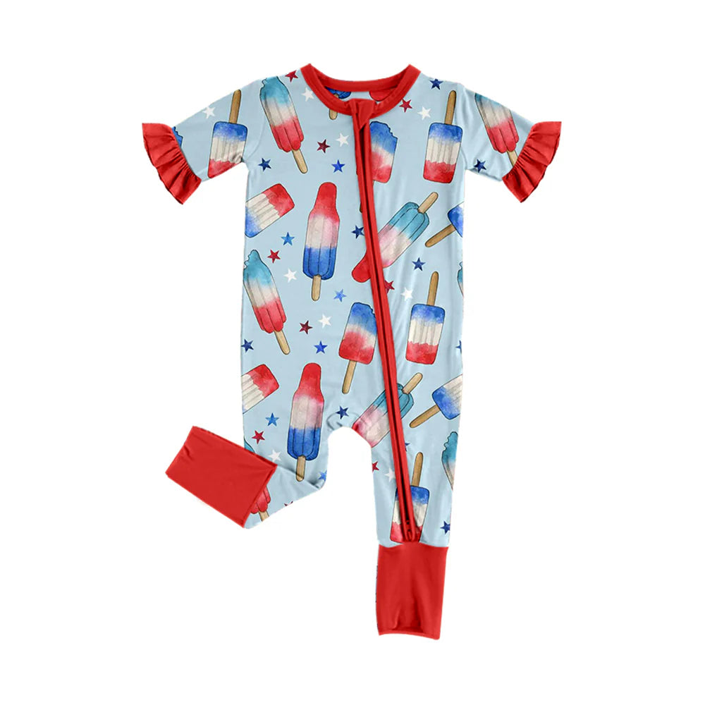 ( Moq 5 ) Preorder Baby Girls Kids Short Sleeves Popsicles Stars 4th of July Zipper Romper