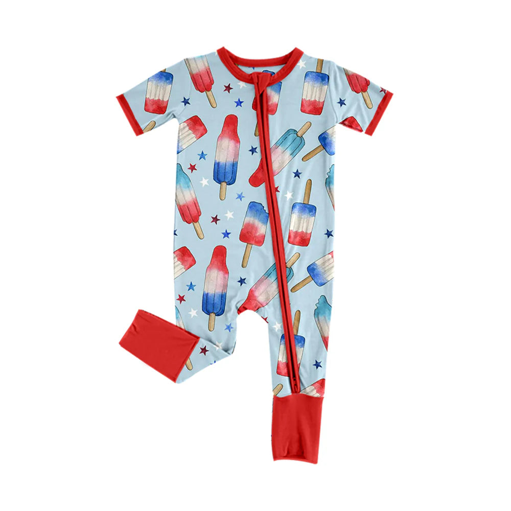 ( Moq 5 ) Preorder Baby Boys Kids Short Sleeves Popsicles Stars 4th of July Zipper Romper