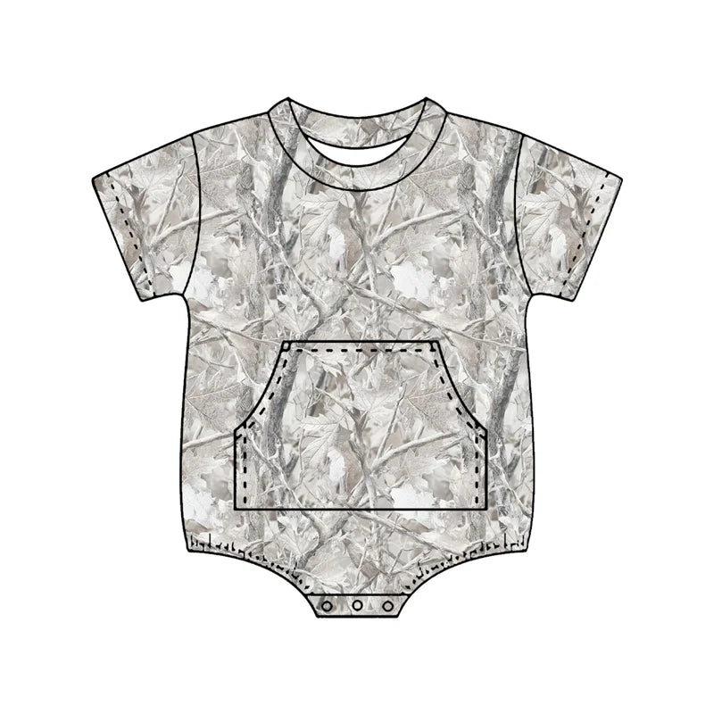 ( Moq 5 ) Preorder Baby Boys Kids Leaves Short Sleeves Pockets Grey Bubble Romper