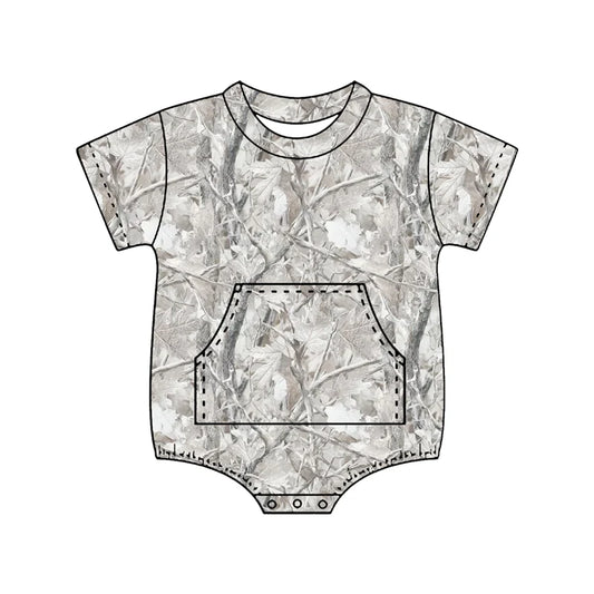 ( Moq 5 ) Preorder Baby Boys Kids Leaves Short Sleeves Pockets Grey Bubble Romper