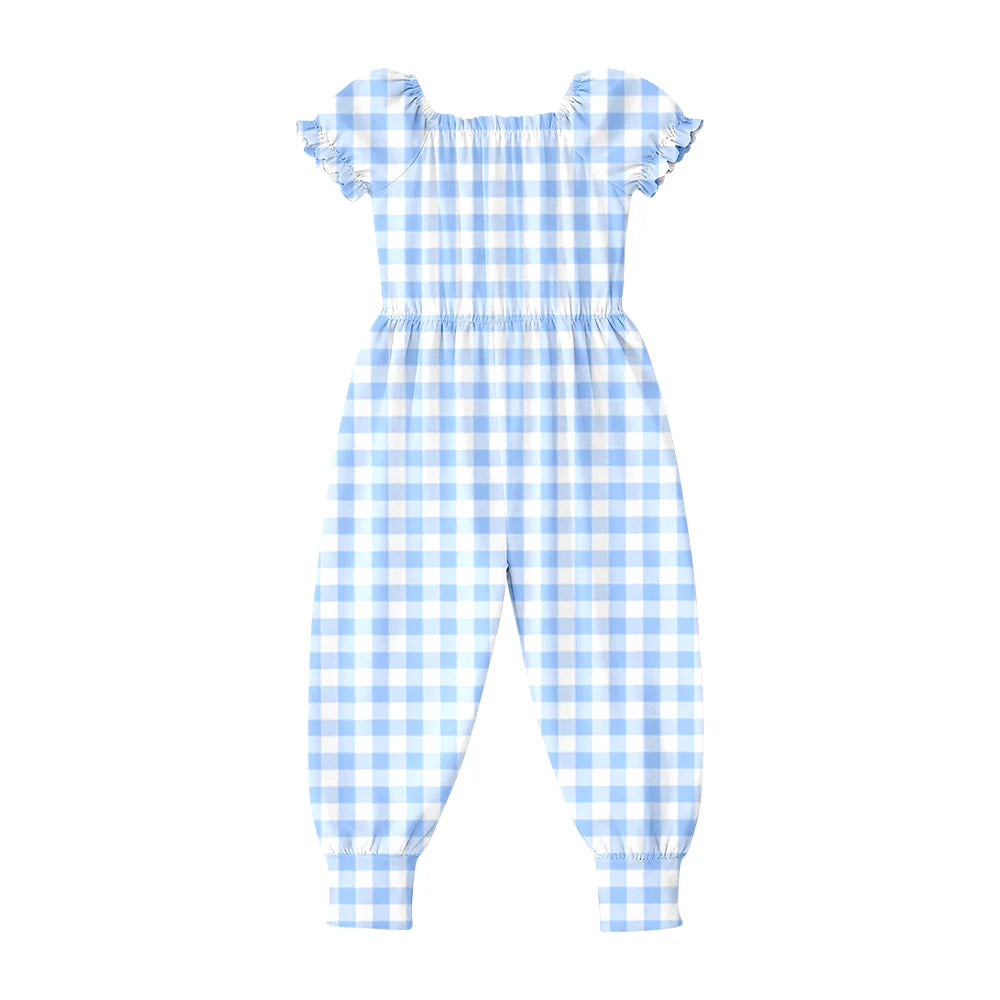 ( Moq 5 ) Preorder Baby Girls Kids Blue Plaid Short Sleeves Pants Jumpsuit