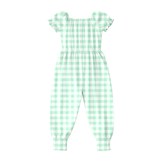 ( Moq 5 ) Preorder Baby Girls Kids Green Plaid Short Sleeves Pants Jumpsuit