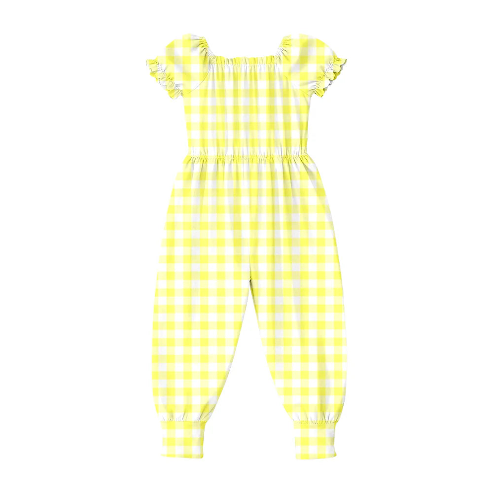 ( Moq 5 ) Preorder Baby Girls Kids Yellow Plaid Short Sleeves Pants Jumpsuit