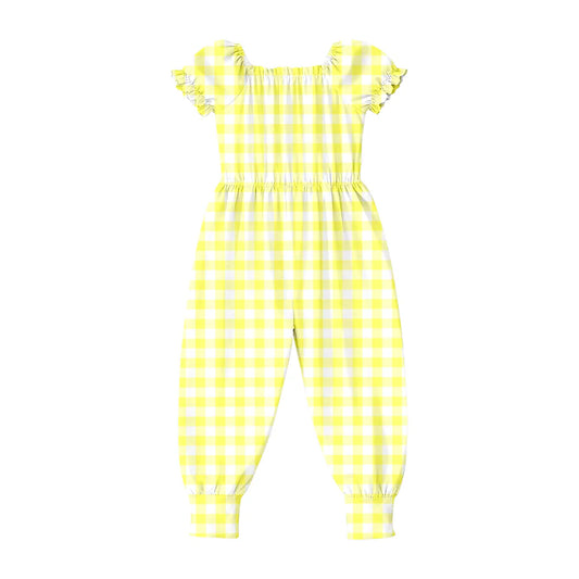 ( Moq 5 ) Preorder Baby Girls Kids Yellow Plaid Short Sleeves Pants Jumpsuit