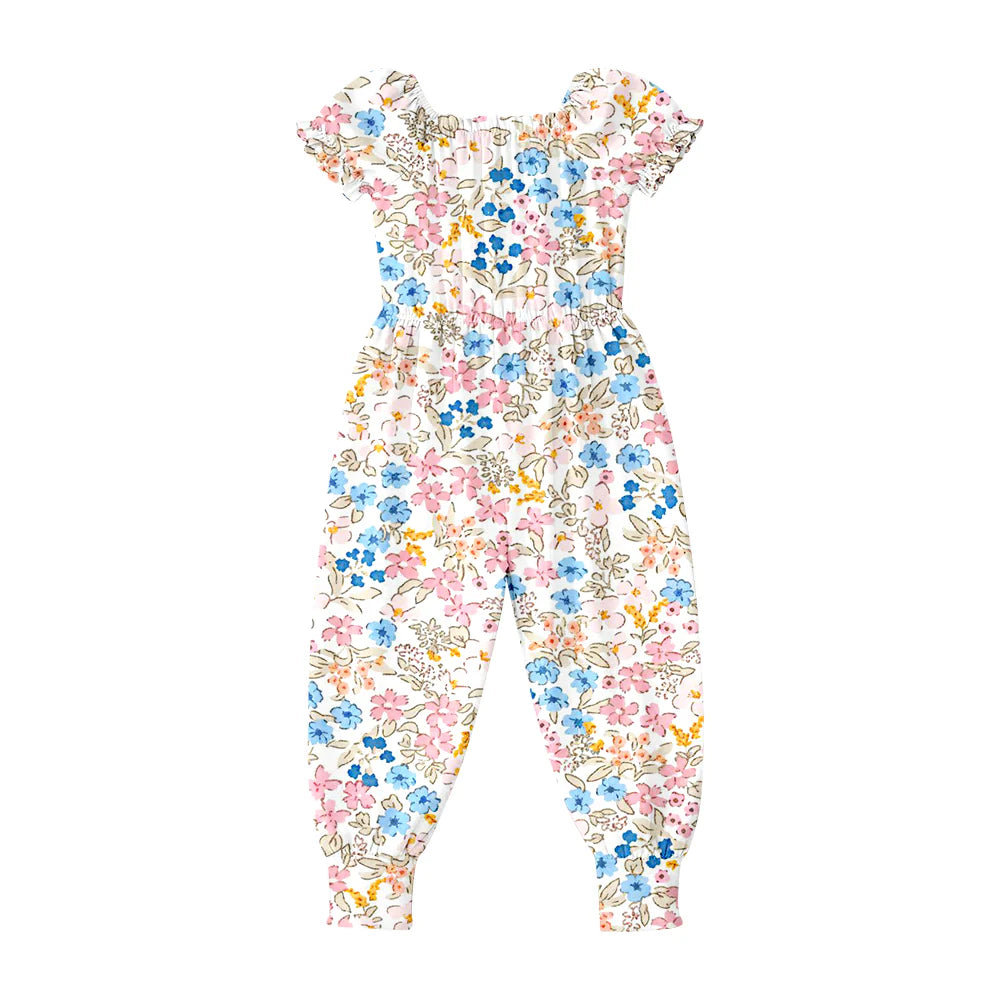 ( Moq 5 ) Preorder Baby Girls Kids Short Sleeves Pink Blue Flower Pants Jumpsuit
