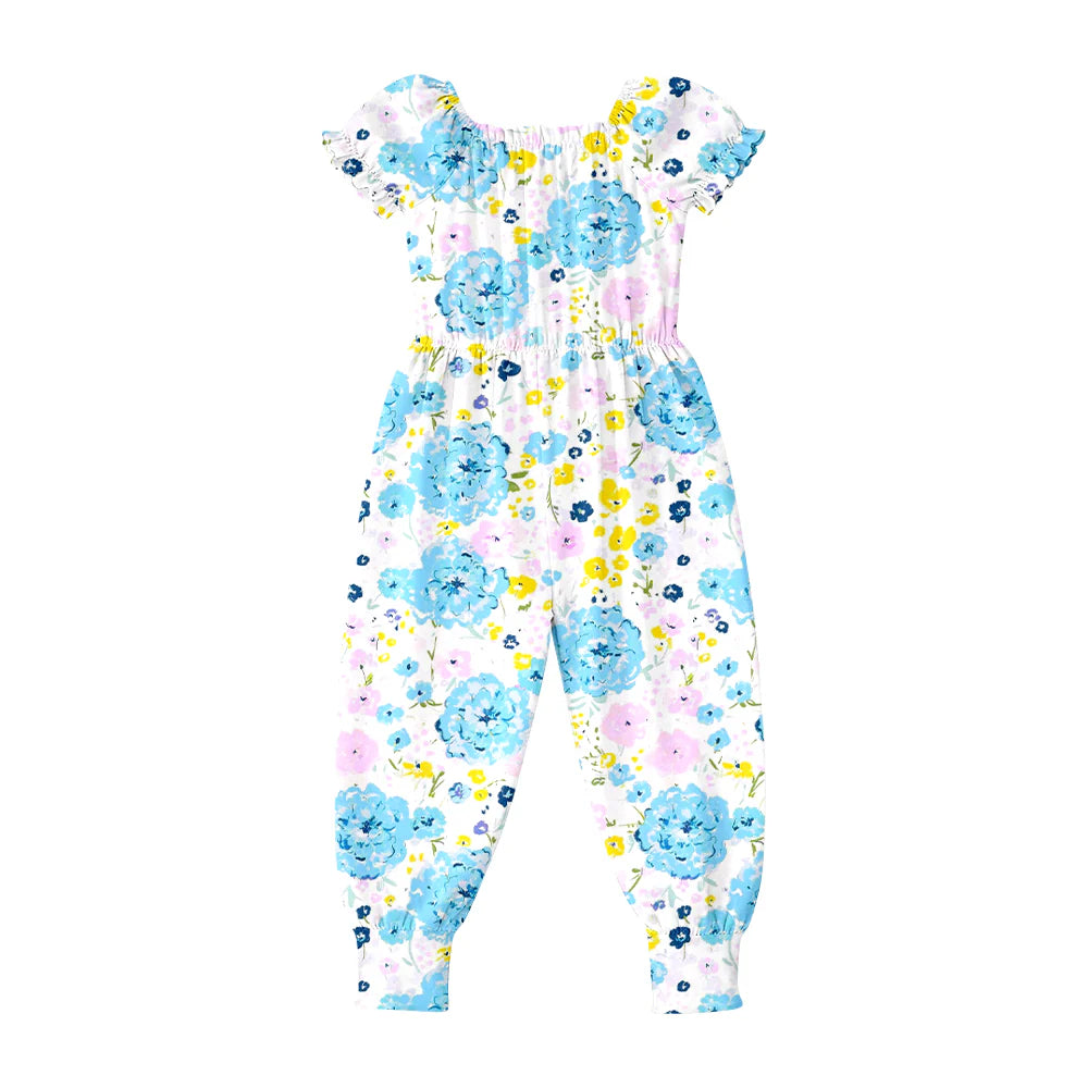 ( Moq 5 ) Preorder Baby Girls Kids Short Sleeves Blue Flower Pants Jumpsuit