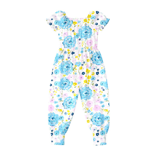 ( Moq 5 ) Preorder Baby Girls Kids Short Sleeves Blue Flower Pants Jumpsuit