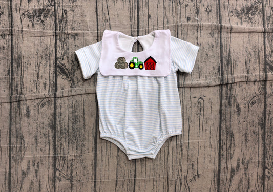 ( No moq ) Preorder Baby Boys Kids Short Sleeves Embroidery Tractor Farm Blue Stripes Bubble Romper