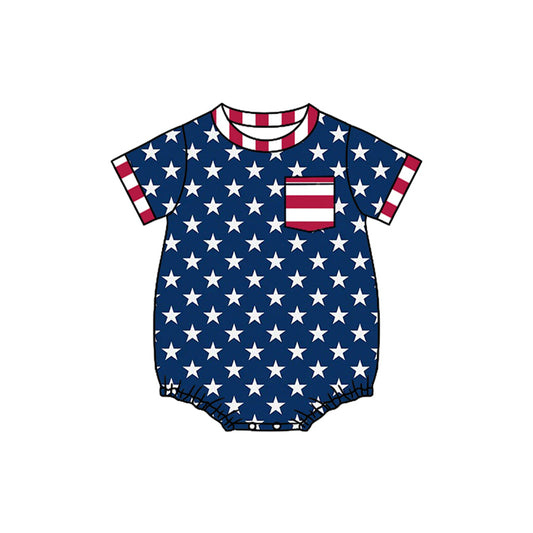 ( Moq 5 ) Preorder Baby Boys Kids Short Sleeves Pocket Stars 4th of July Bubble Romper