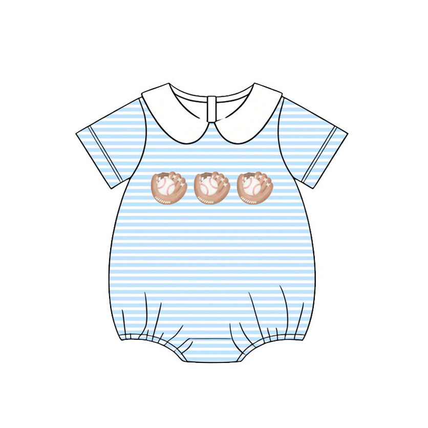 ( Moq 5 ) Preorder Baby Boys Infant Short Sleeves Baseball Blue Stripes Bubble Romper