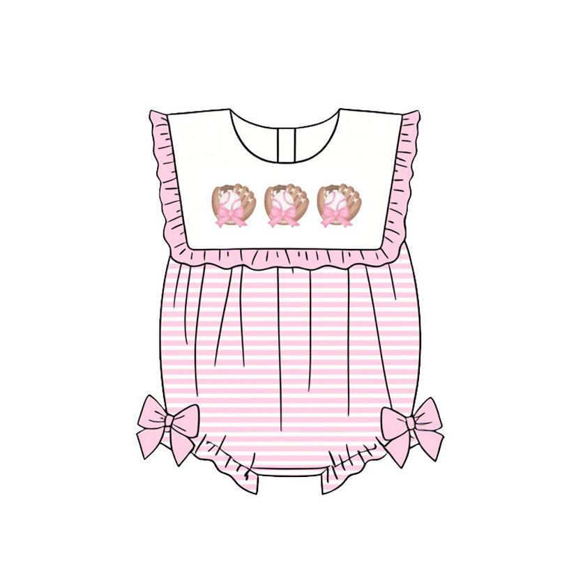 ( Moq 5 ) Preorder Baby Girls Infant Baseball Pink Stripes Bubble Bows Romper