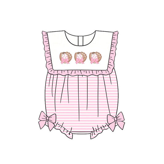 ( Moq 5 ) Preorder Baby Girls Infant Baseball Pink Stripes Bubble Bows Romper