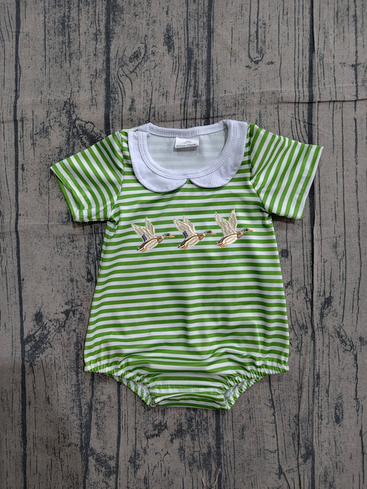 ( No moq ) Preorder Baby Boys Kids Short Sleeves Embroidery Ducks Green Stripes Bubble Romper