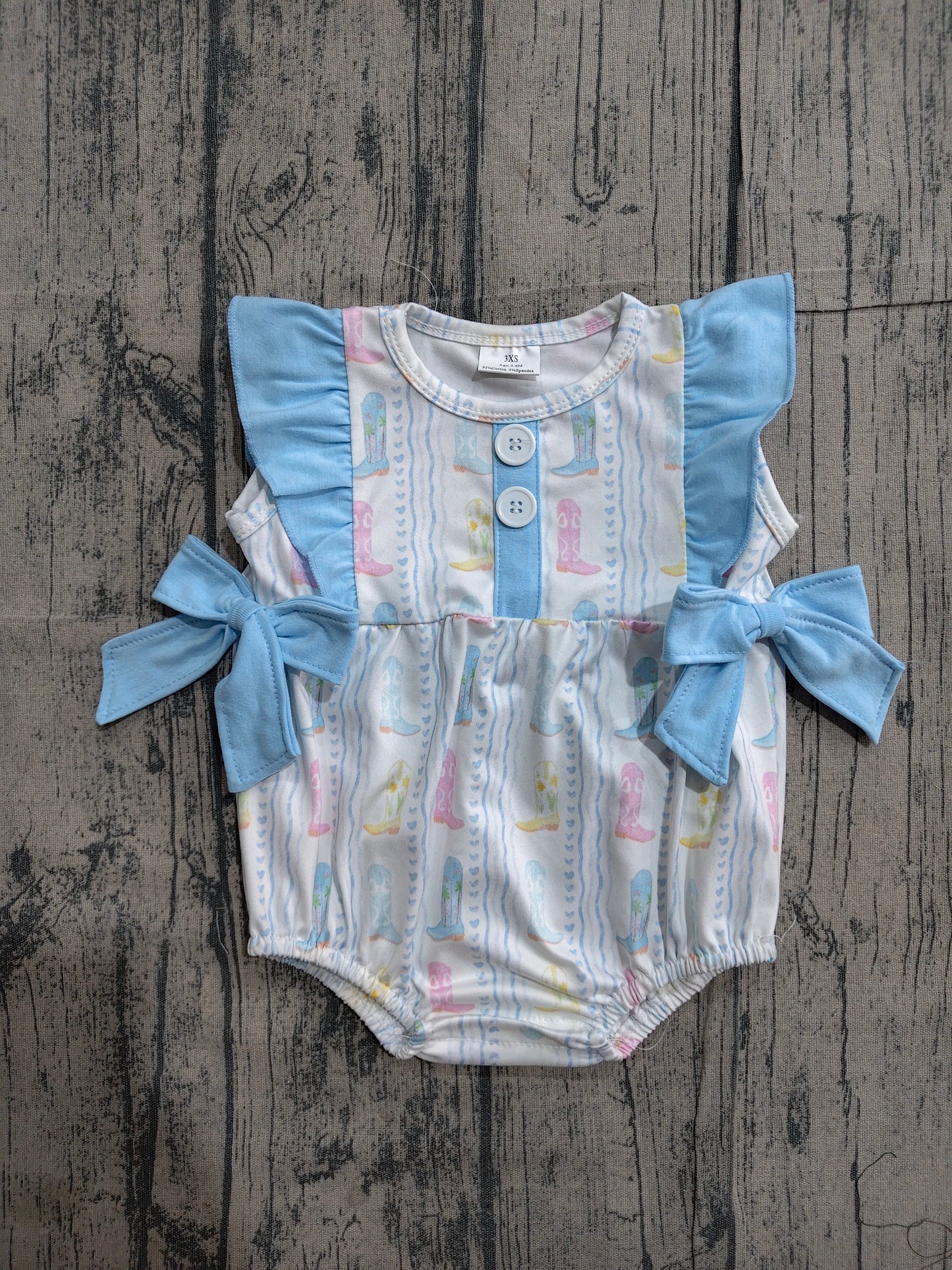 Baby Girls Infant Western Boots Bows Ruffle Bubble Romper RTS