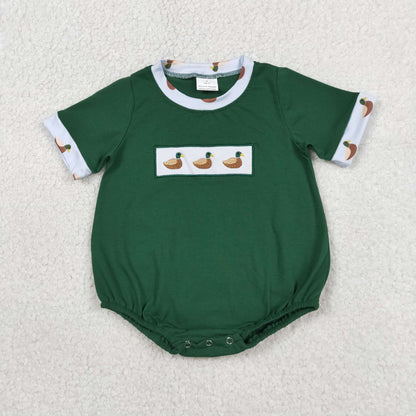 Sibling Baby Boys Girls Infant Short Sleeves Embroidery Ducks Green Bubble Rompers RTS