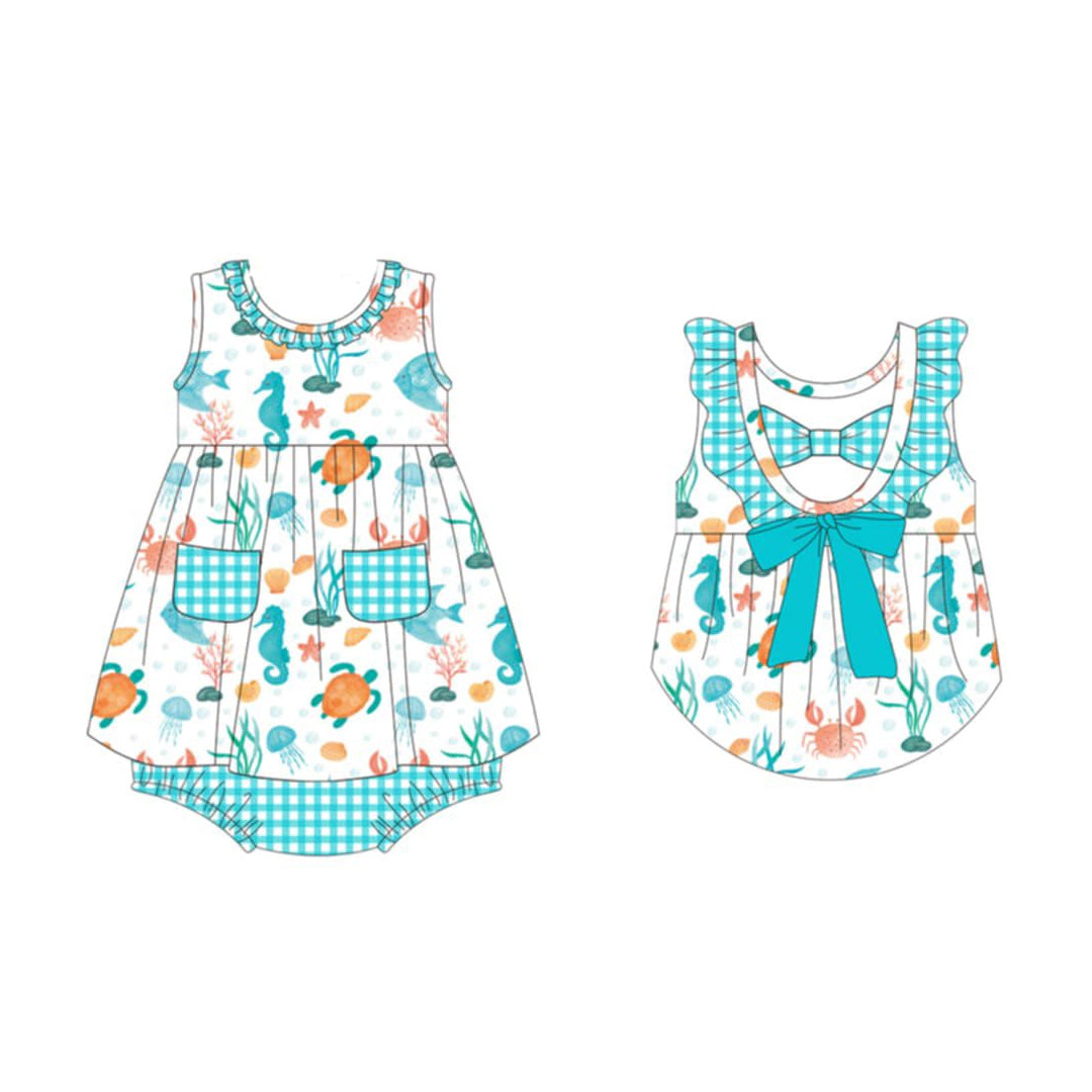 ( Moq 5 ) Preorder Baby Girls Infant Sleeveless Animals Pockets Bows Ruffle Bummie Romper
