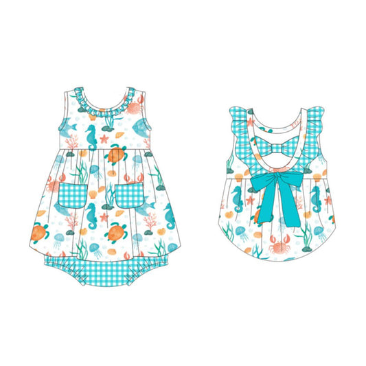 ( Moq 5 ) Preorder Baby Girls Infant Sleeveless Animals Pockets Bows Ruffle Bummie Romper