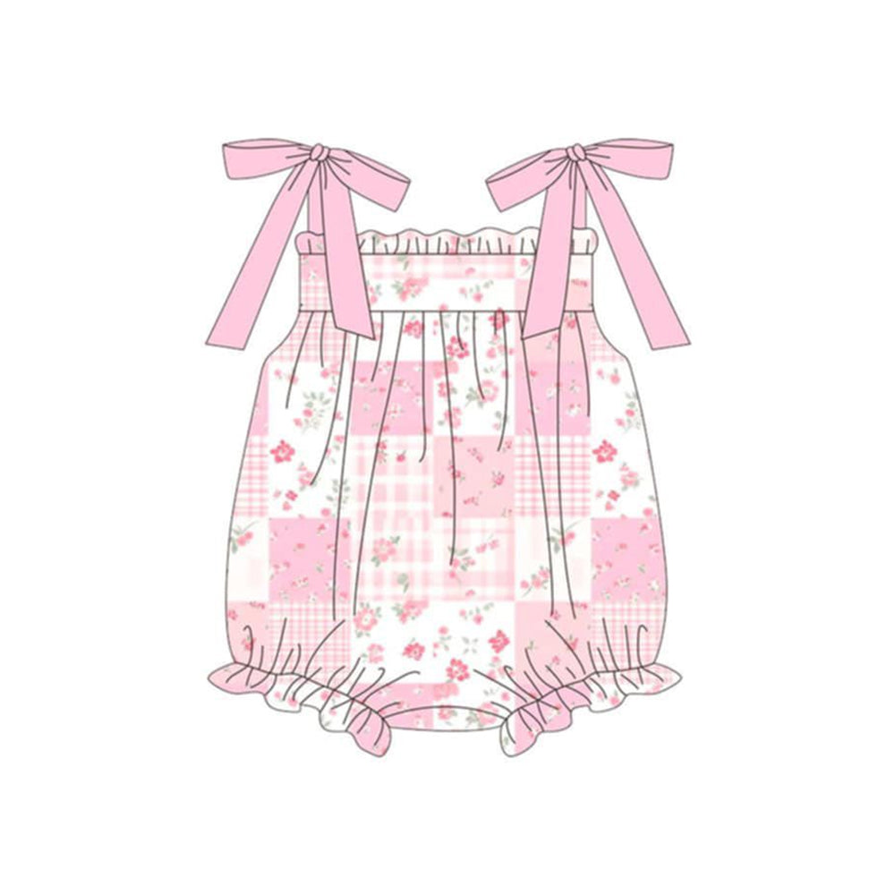 ( Moq 5 ) Preorder Baby Girls Infant Straps Flower Plaid Pink Bubble Romper