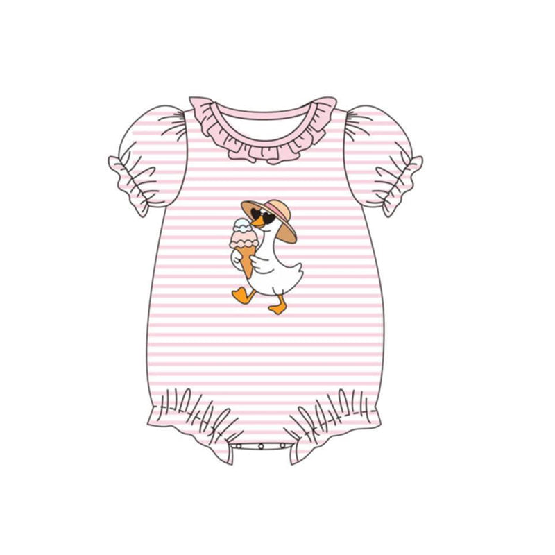 ( Moq 5 ) Preorder Baby Girls Infant Short Sleeves Gooses Pink Stripe Ruffle Bubble Romper