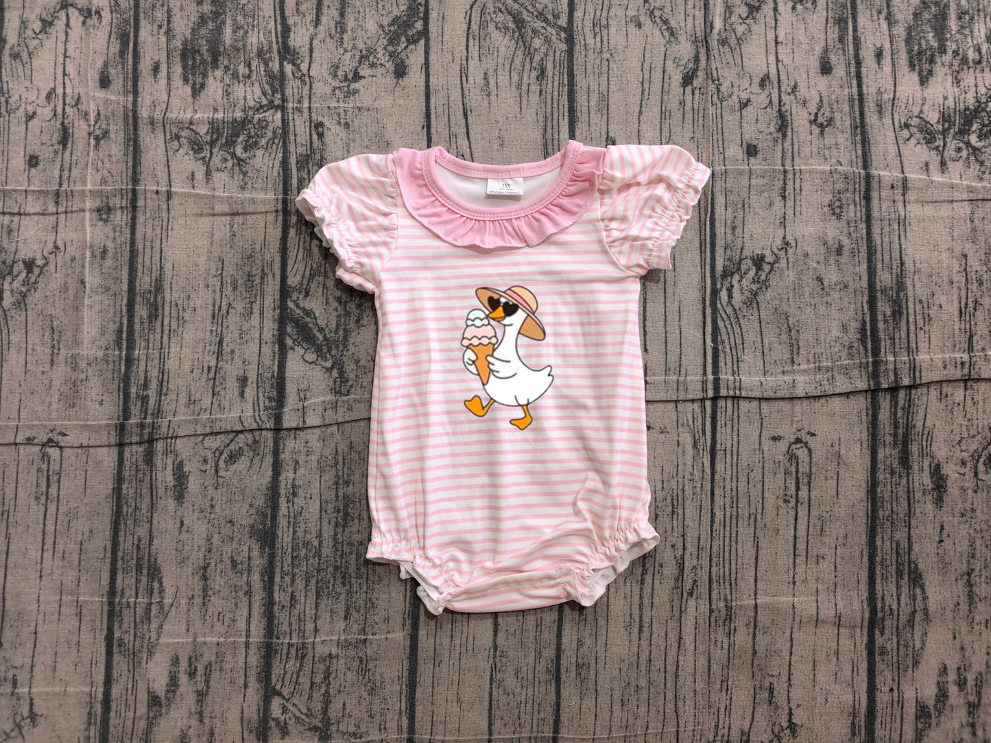 ( No moq ) Preorder Baby Girls Infant Short Sleeves Embroidery Gooses Pink Stripe Bubble Romper