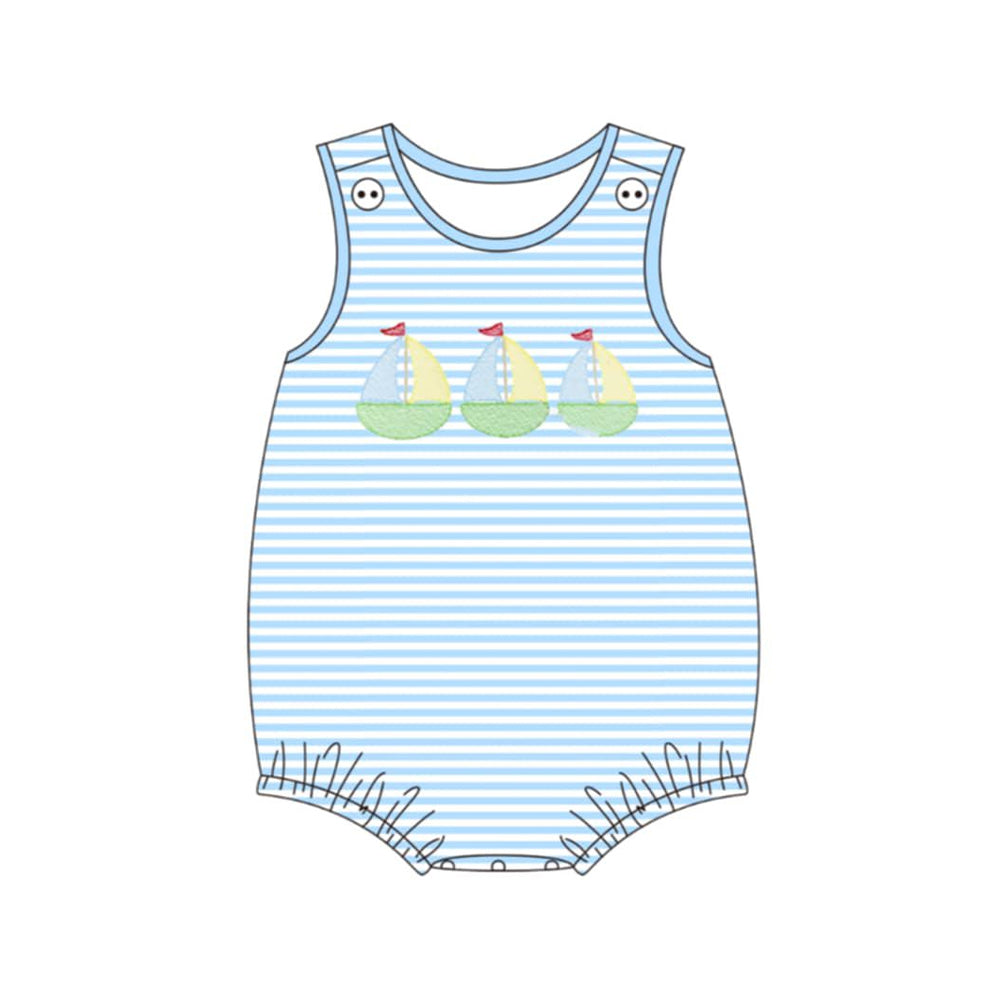 ( Moq 5 ) Preorder Baby Boys Infant Sleeveless Boats Blue Stripes Bubble Romper