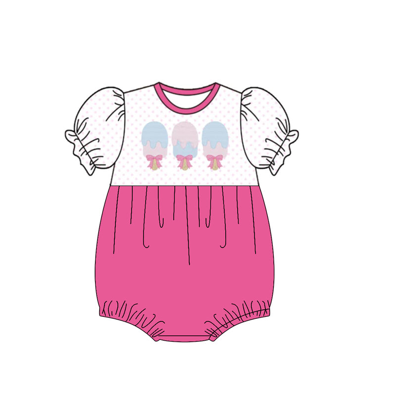 ( Moq 5 ) Preorder Baby Girls Infant Short Sleeves Popsicle Bows Pink Bubble Romper