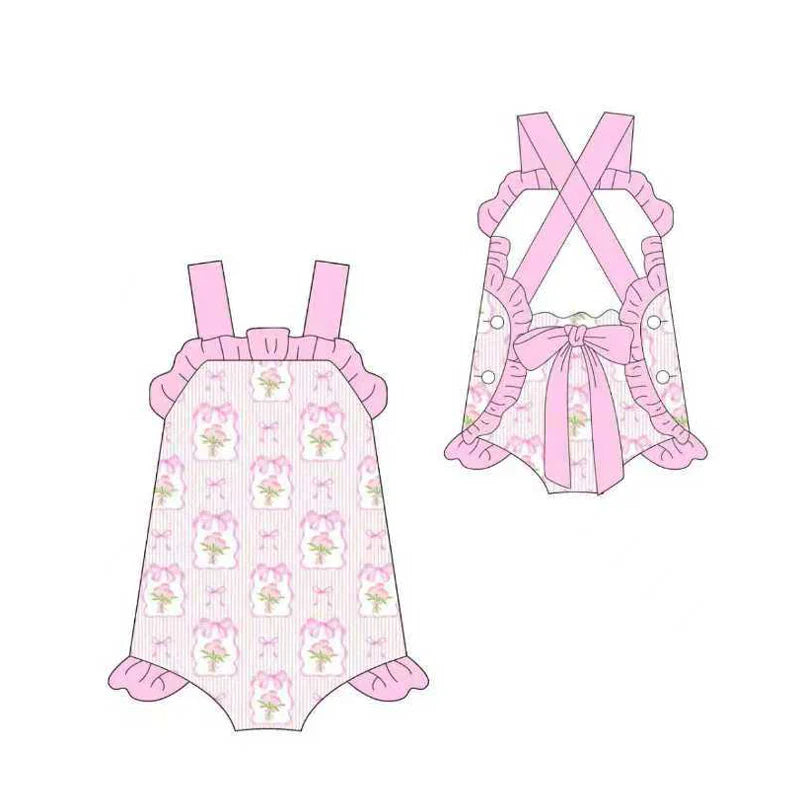 ( Moq 5 ) Preorder Baby Girls Kids Sleeveless Pink Bows Flower Summer Romper