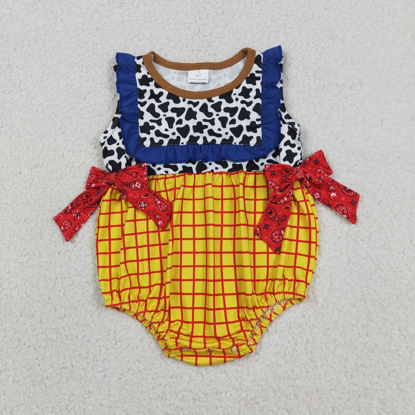 Sibling Baby Boys Girls Infant Cow Print Yellow Plaid Bubble Rompers RTS