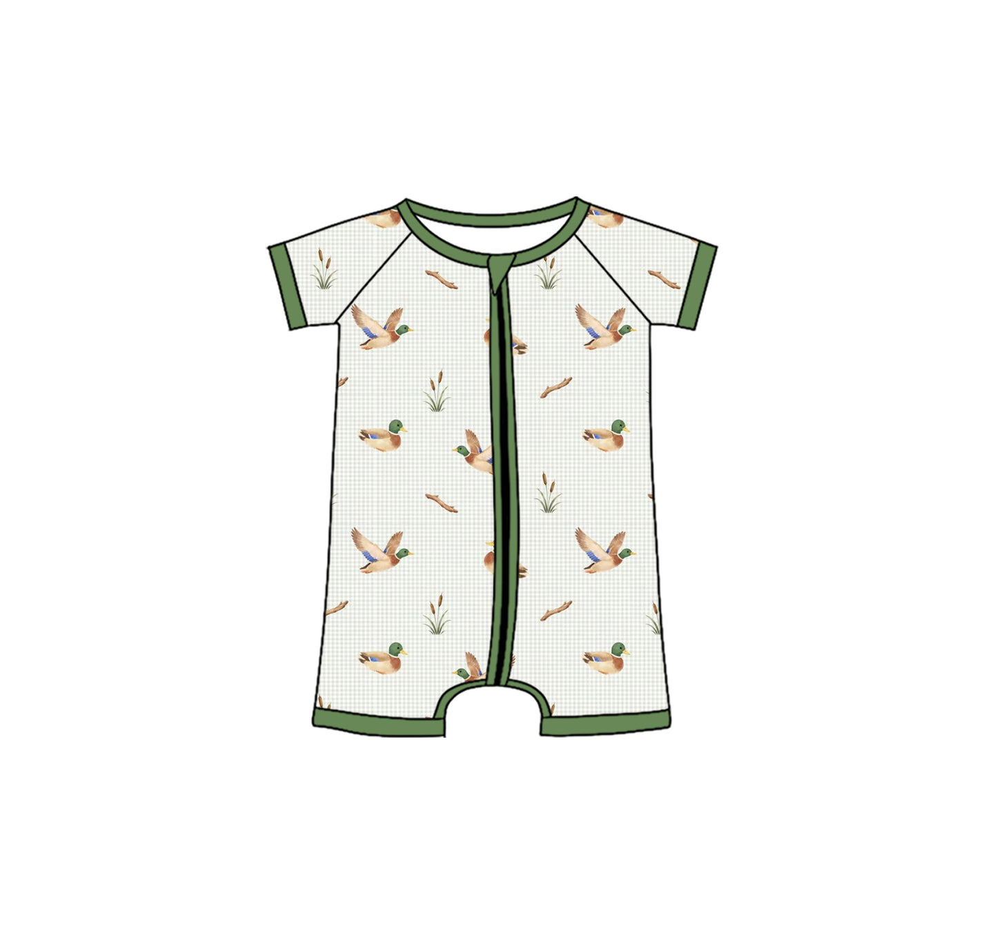 ( Moq 5 )  Preorder Baby Boys Infant Short Sleeves Ducks Green Plaid Zipper Romper